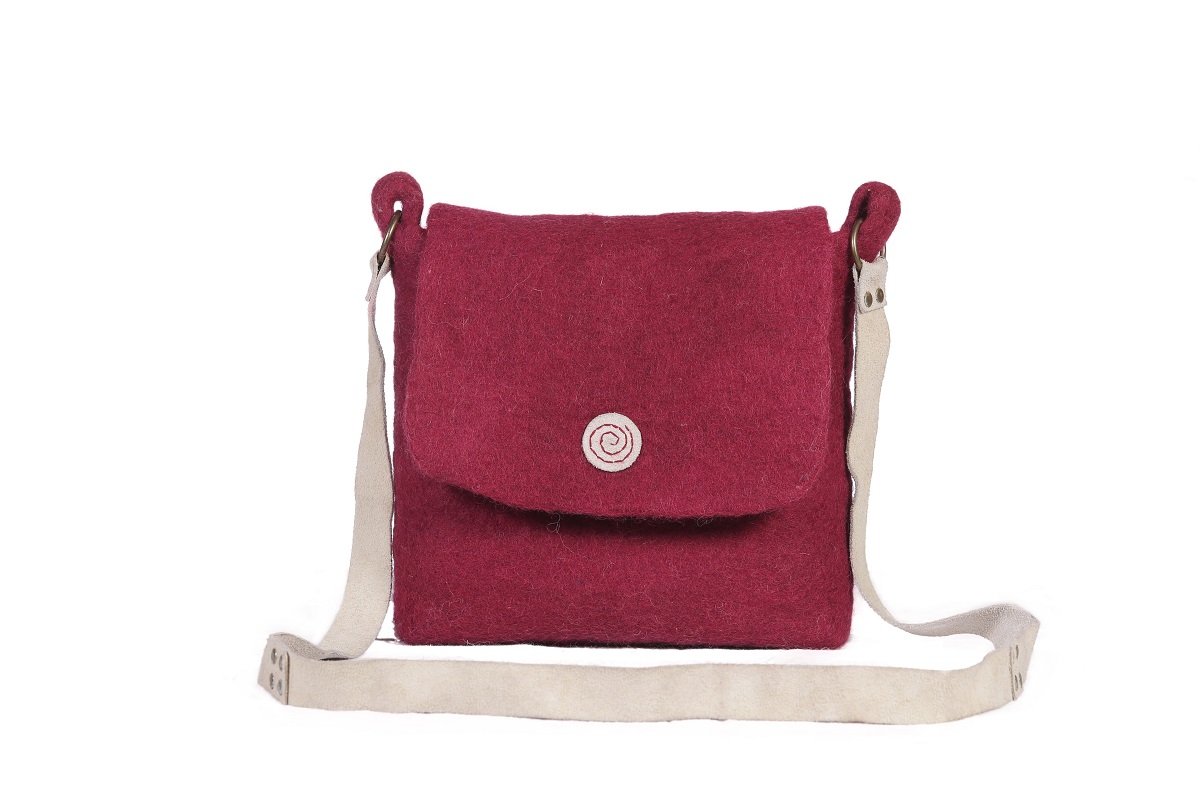 Woolen Strip Felt Handcraft Red Bag 